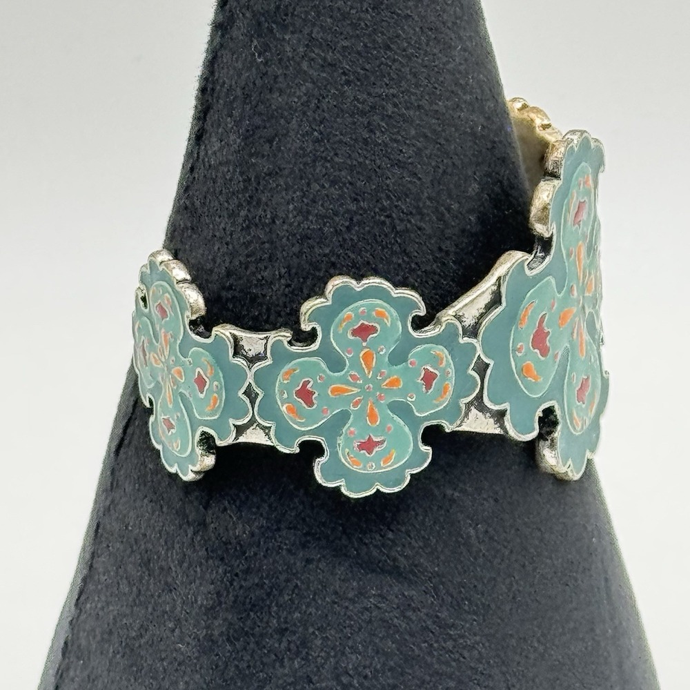Lucky Brand Enamel Maltese Cross Cuff Bracelet Teal Silver Tone Boho Western - Picture 2 of 9